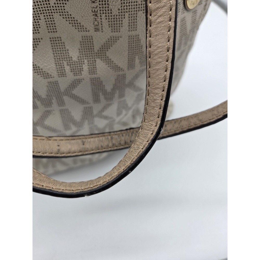 Michael Kors Jet Set Ivory Brown Crossgrain Leather MK Tote Shoulder Bag - Picture 7 of 12
